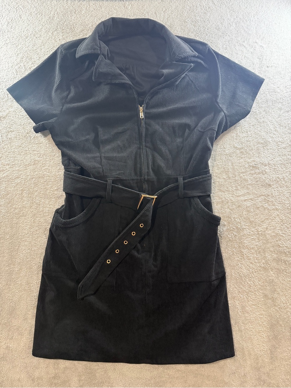 Women’s Black Corduroy Mini Dress XL Zip Front Belted Short Sleeve Pockets
